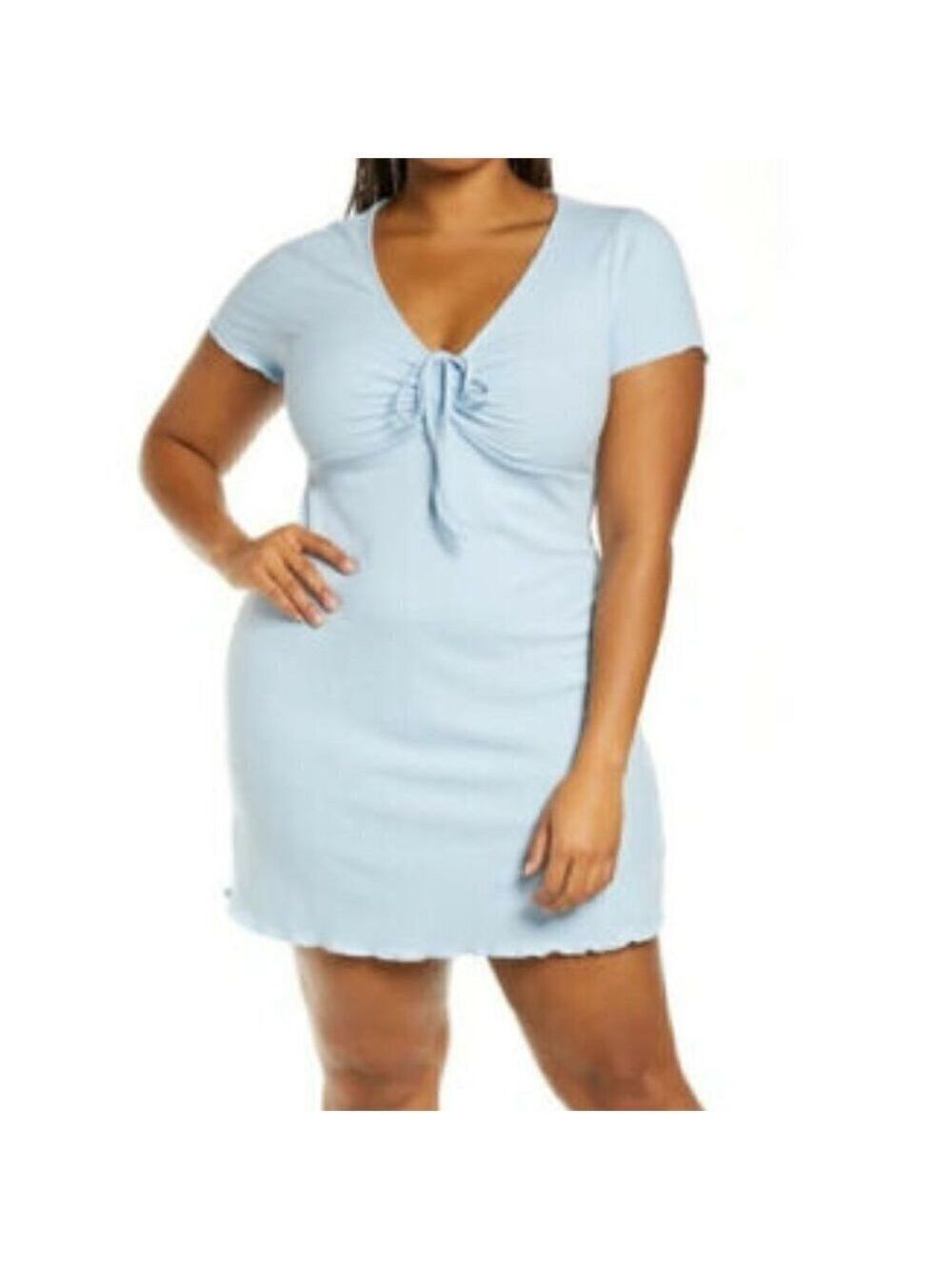 BP Women Blue Ribbed Tie Front Dress BNWOT Lettuce Edge Short Sleeve